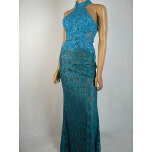 $399 Avery G Turquoise Blue Lace Embroidered Halter Sheath Prom Gown 0 NEW A933